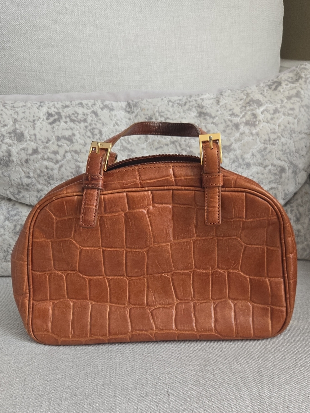 Vintage/leather Jones New York Croc-Embossed Top-Handle Bag in Cognac Brown